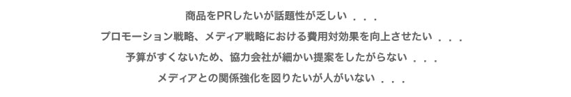 商品をPRしたいが話題性が乏しい。プロモーション戦略、メディア戦略における費用対効果を向上させたい。予算が少ないため、協力会社が細かい提案をしたがらない。メディアとの関係強化を図りたいが人がいない。